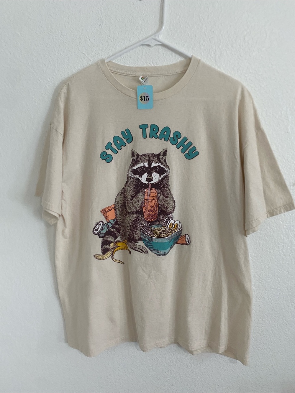 Fruit of the Loom Cream Mens' Raccoon 'Stay Trashy' Graphic Tee